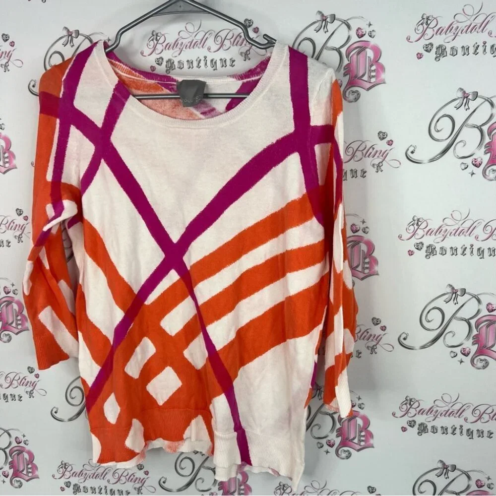 Evolution by Cyrus top long sleeve plaid pink orange white Vibrant Geometric Top
